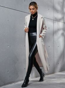 Dual Pocket Lapel Neck Belted Overcoat - Beige - View 6