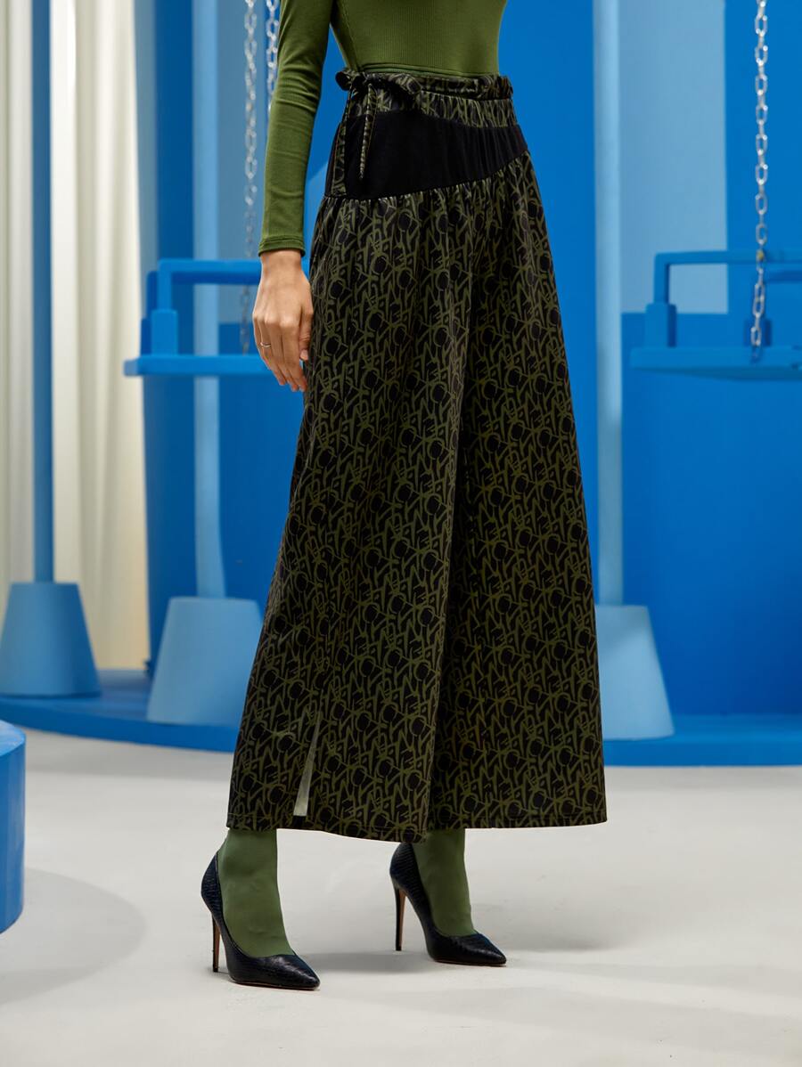 Nikole Sanches Pantalones de pierna ancha con abertura lateral con diseño de nudo con patrón de dibujo de color combinado - Multicolor - Ver 1