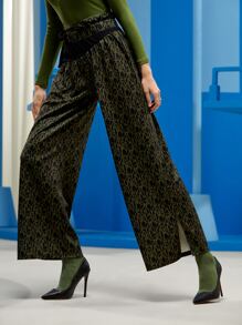 Nikole Sanches Pantalones de pierna ancha con abertura lateral con diseño de nudo con patrón de dibujo de color combinado - Multicolor - Ver 5