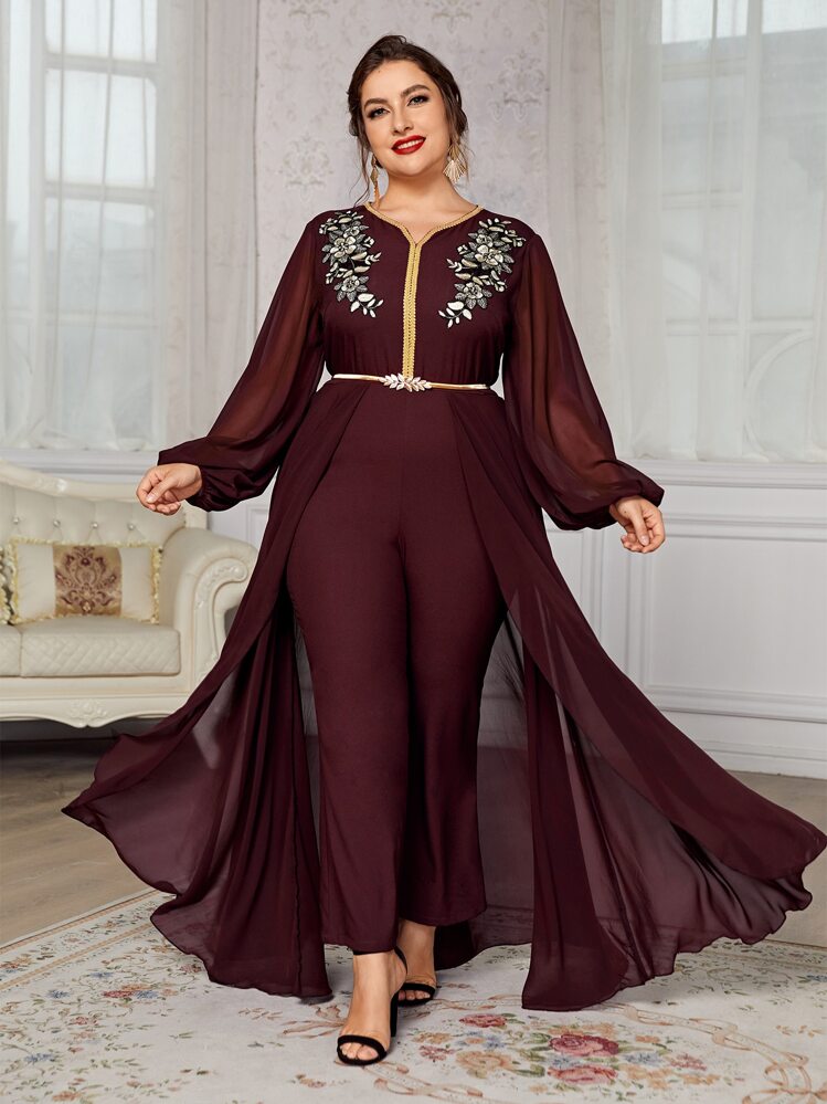 Al Najma 酒红色加灯笼袖贴花带连体裤（不含腰带） - 酒紅色 - 查看 1