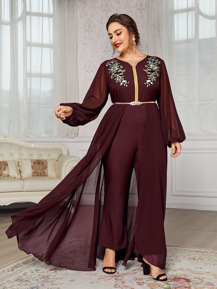 Al Najma 酒红色加灯笼袖贴花带连体裤（不含腰带） - 酒紅色 - 查看 5