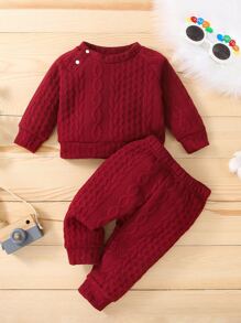 Baby Unisex Cable Texture Sweatshirt With Joggers - Burgundy - View 1