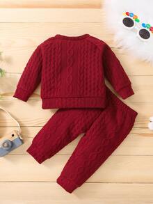 Baby Unisex Cable Texture Sweatshirt With Joggers - Burgundy - View 2