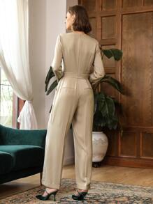 SHEIN Unity Cowl Neck Culottes Jumpsuit - Khaki - View 2