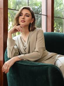 SHEIN Unity Cowl Neck Culottes Jumpsuit - Khaki - View 3