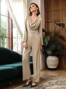 SHEIN Unity Cowl Neck Culottes Jumpsuit - Khaki - View 4