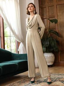 SHEIN Unity Cowl Neck Culottes Jumpsuit - Khaki - View 6
