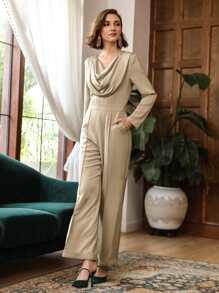SHEIN Unity Cowl Neck Culottes Jumpsuit - Khaki - View 7