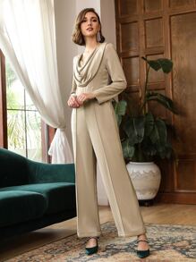 SHEIN Unity Cowl Neck Culottes Jumpsuit - Khaki - View 8