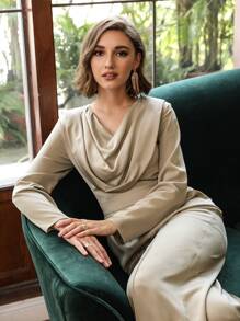 SHEIN Unity Cowl Neck Culottes Jumpsuit - Khaki - View 9