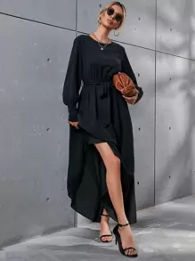 SHEIN Clasi Đầm Thắt lưng màu trơn Thanh lịch - màu đen - Xem 5