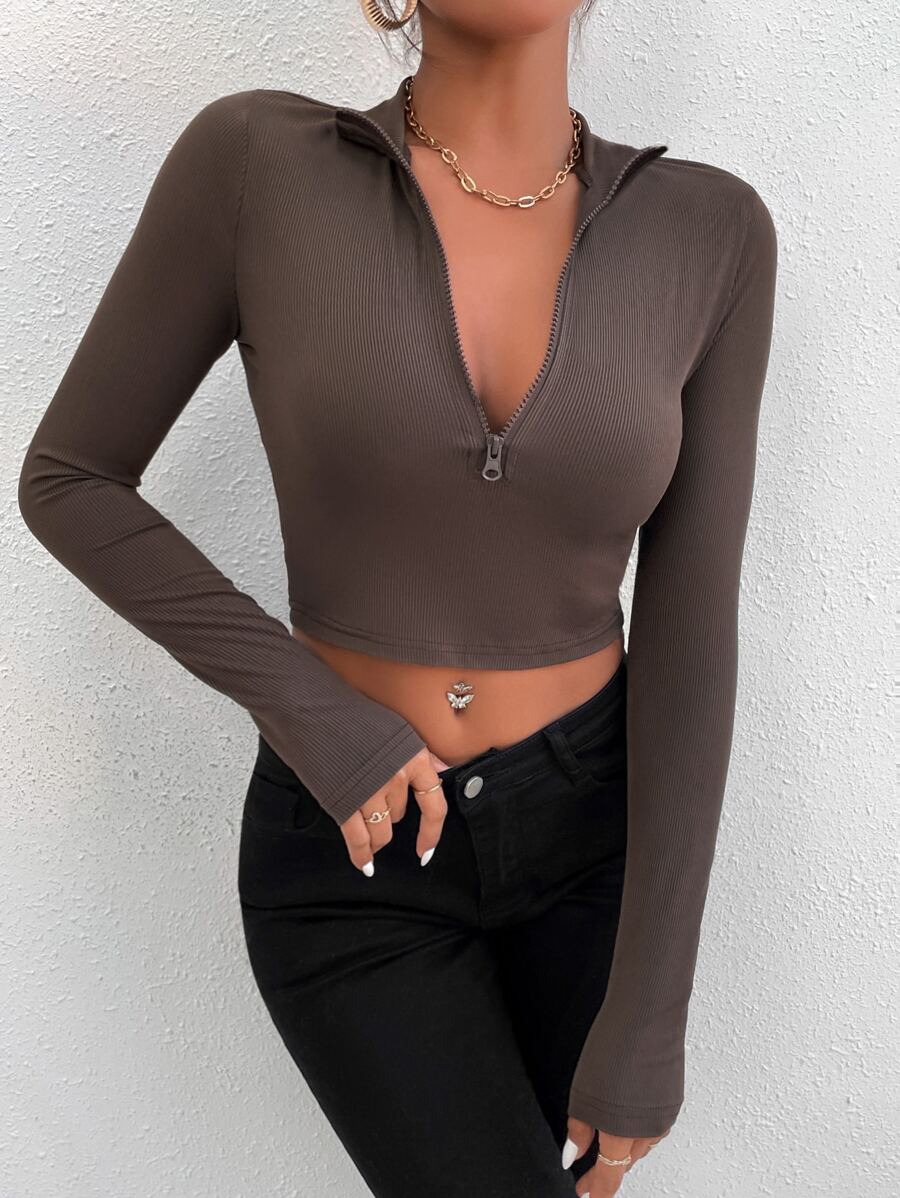 Chiquease Áo thun nữ Dây kéo Gân đan màu trơn Giải trí - Màu nâu  Mocha - Xem 1