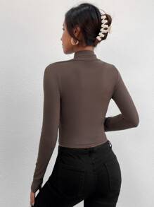 Chiquease Áo thun nữ Dây kéo Gân đan màu trơn Giải trí - Màu nâu  Mocha - Xem 2