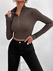 Chiquease Áo thun nữ Dây kéo Gân đan màu trơn Giải trí - Màu nâu  Mocha - Xem 4