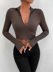 Chiquease Áo thun nữ Dây kéo Gân đan màu trơn Giải trí - Màu nâu  Mocha - Xem 5