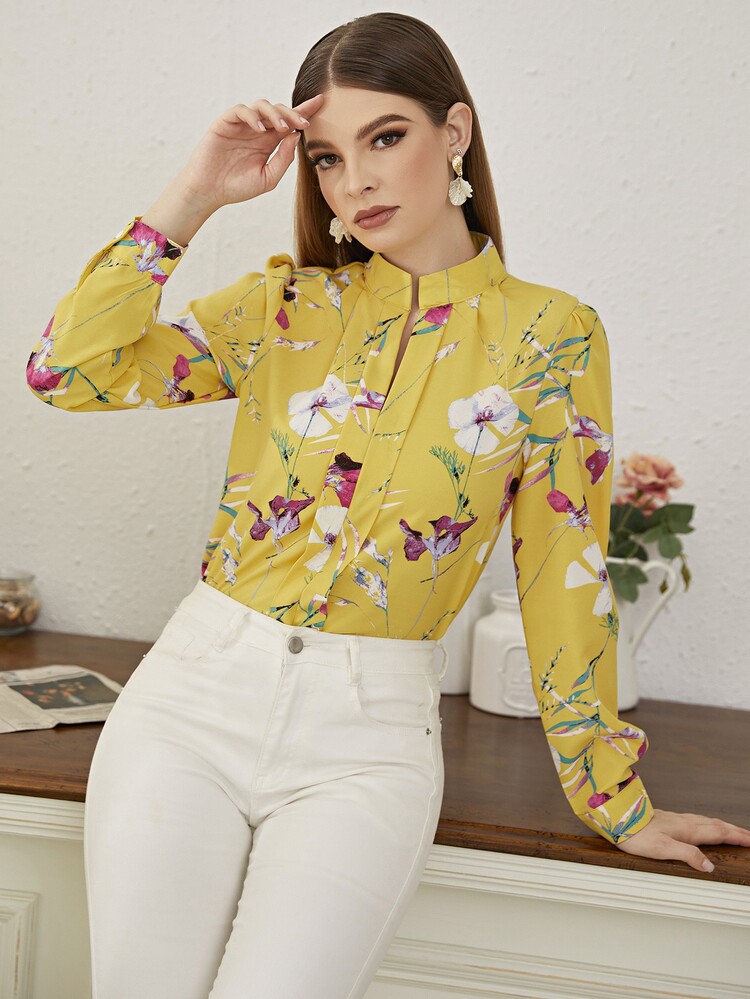 Mulvari Floral Print Notch Neck Blouse - Yellow - View 3