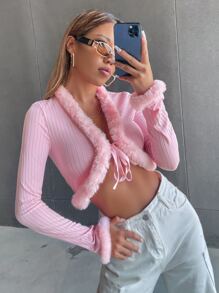 SHEIN ICON Ribbed Knit Fuzzy Trim Knot Front Crop Jacket - Baby Pink - View 1