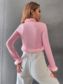 SHEIN ICON Ribbed Knit Fuzzy Trim Knot Front Crop Jacket - Baby Pink - View 2