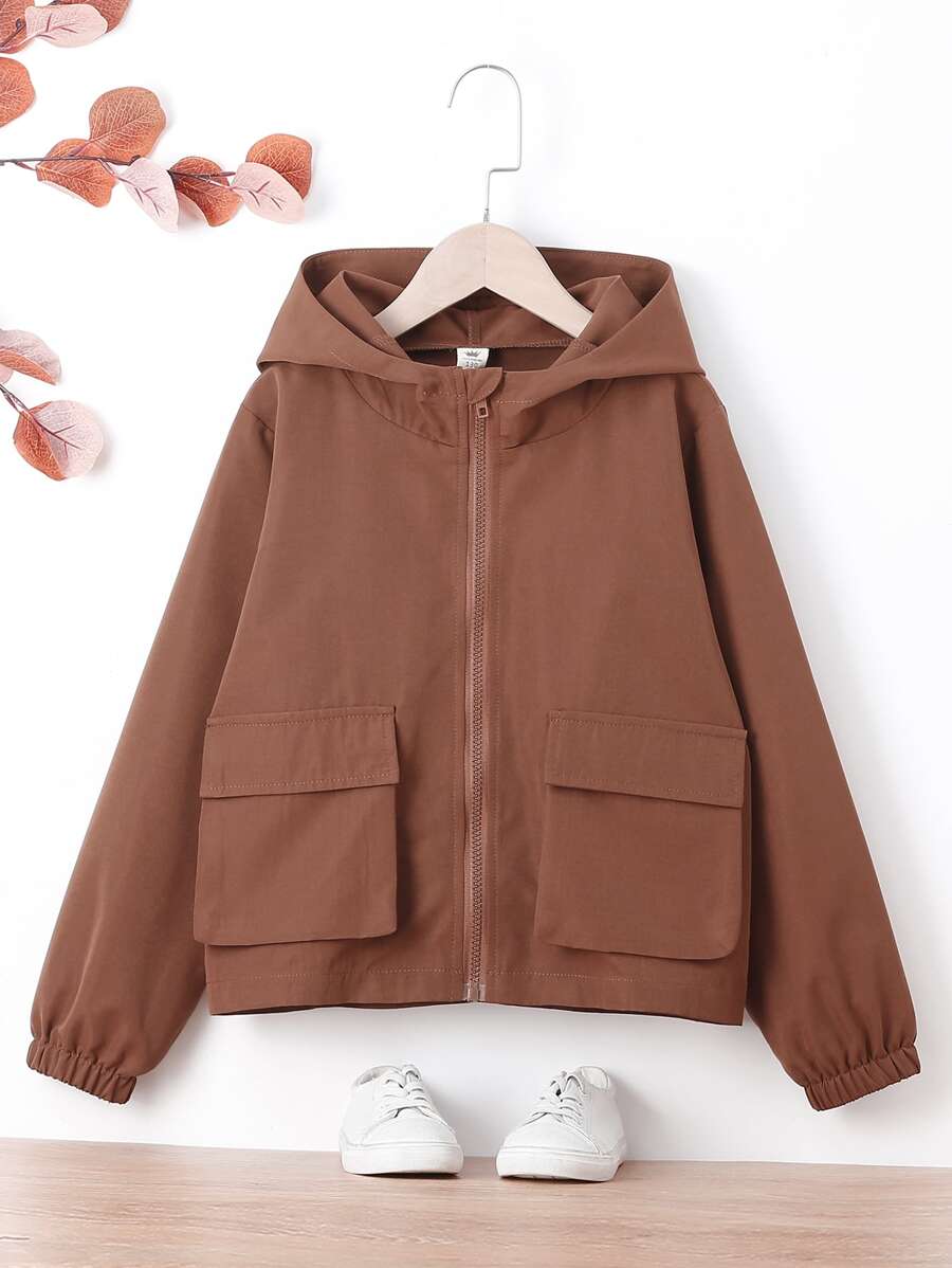Girls Flap Pocket Zip Up Hooded Coat - Rust Brown - View 1