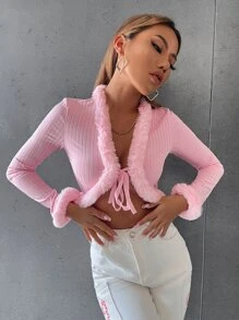 SHEIN ICON Ribbed Knit Fuzzy Trim Knot Front Crop Jacket - Baby Pink - View 4