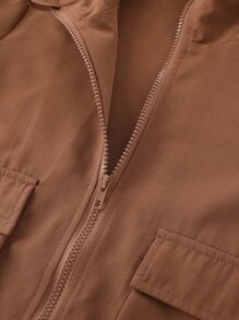 Girls Flap Pocket Zip Up Hooded Coat - Rust Brown - View 4