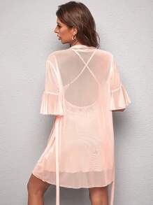 Lace Panel Flounce Sleeve Belted Mesh Robe & Cami Dress PJ Set / Pajama Set Without Lingerie