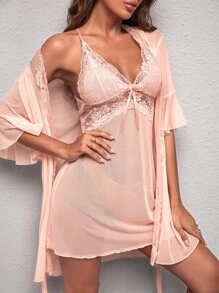 Lace Panel Flounce Sleeve Belted Mesh Robe & Cami Dress PJ Set / Pajama Set Without Lingerie