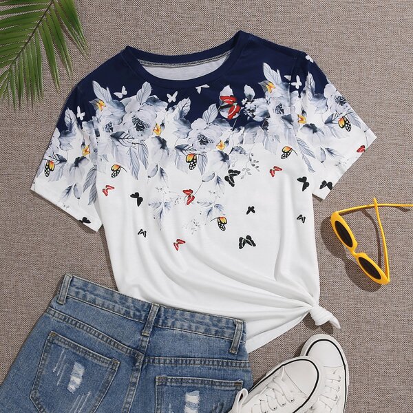 

Floral & Butterfly Print Tee, Multicolor