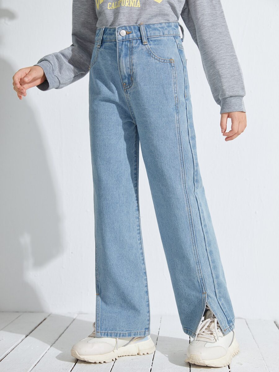 SHEIN 少女高腰開叉寬腿牛仔褲 - 淺色水洗藍 - 查看 1