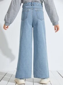 SHEIN 少女高腰開叉寬腿牛仔褲 - 淺色水洗藍 - 查看 2