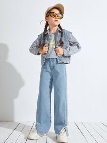 SHEIN 少女高腰開叉寬腿牛仔褲 - 淺色水洗藍 - 查看 3