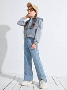 SHEIN 少女高腰開叉寬腿牛仔褲 - 淺色水洗藍 - 查看 4