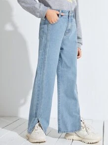 SHEIN 少女高腰開叉寬腿牛仔褲 - 淺色水洗藍 - 查看 5