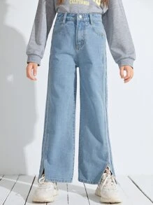 SHEIN 少女高腰開叉寬腿牛仔褲 - 淺色水洗藍 - 查看 6