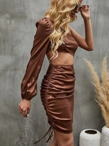 Chiquease One Shoulder Jacquard Cut Out Drawstring Side Satin Dress - Rust Brown - View 6