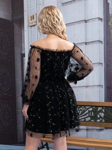 SHEIN Unity Plus Plants Embroidered Mesh Bardot Dress - Black - View 2