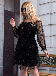 SHEIN Unity Plus Plants Embroidered Mesh Bardot Dress - Black - View 3