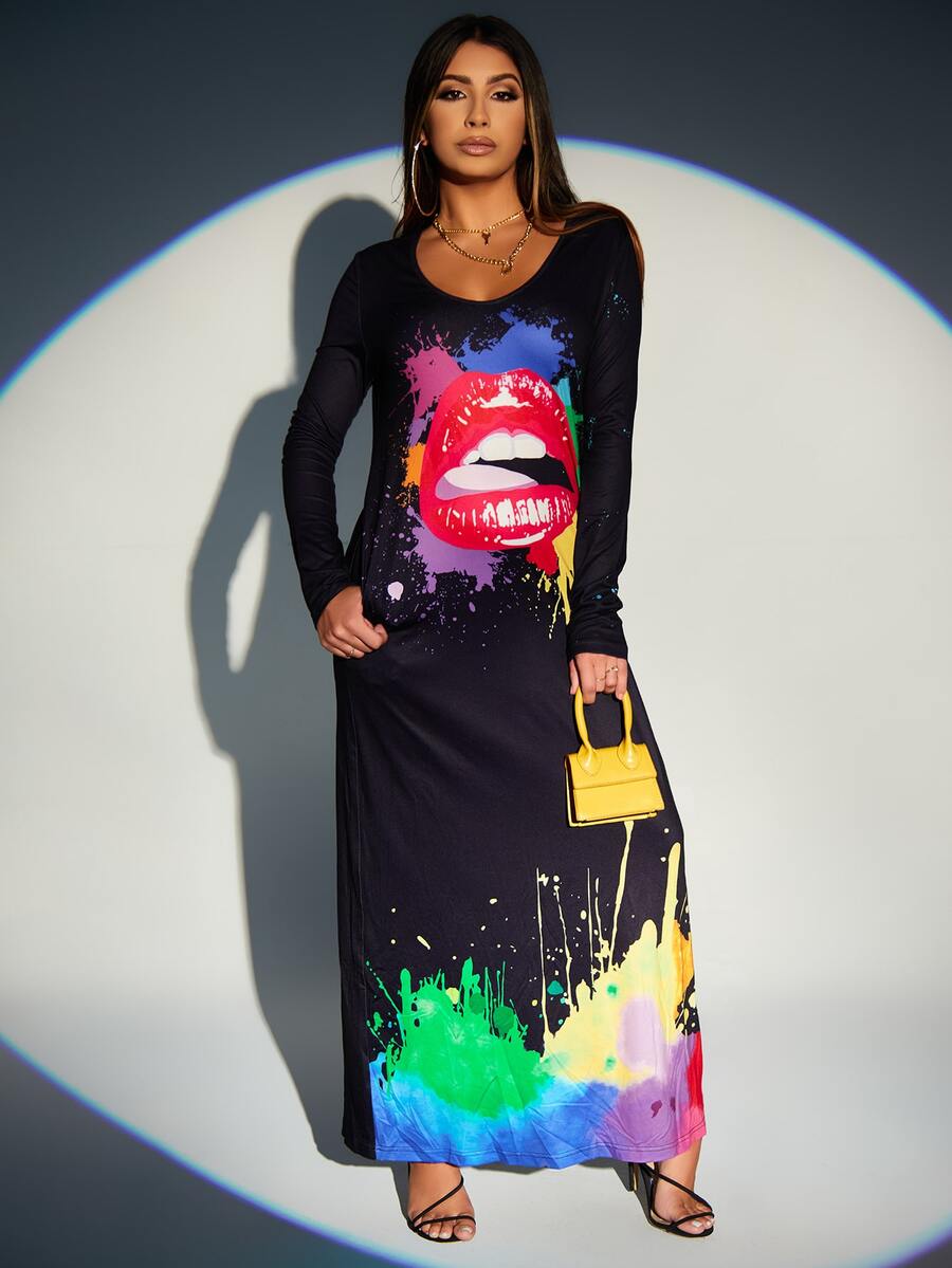 SHEIN SXY 飛濺塗料嘴巴圖案T恤連衣裙 - 黑色 - 查看 1