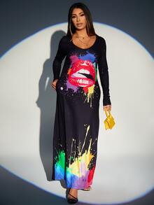 SHEIN SXY 飛濺塗料嘴巴圖案T恤連衣裙 - 黑色 - 查看 4