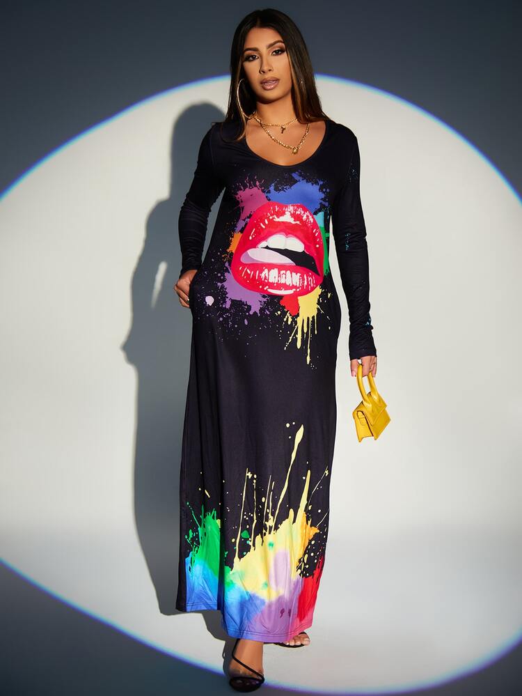 SHEIN SXY 飛濺塗料嘴巴圖案T恤連衣裙 - 黑色 - 查看 4