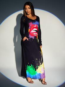 SHEIN SXY 飛濺塗料嘴巴圖案T恤連衣裙 - 黑色 - 查看 5