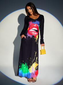 SHEIN SXY 飛濺塗料嘴巴圖案T恤連衣裙 - 黑色 - 查看 6