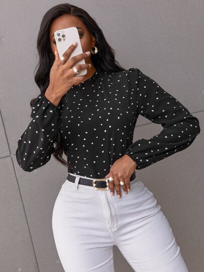 SHEIN LUNE Confetti Heart Print Bishop Sleeve Frilled Neck Blouse,Long Sleeve Tops Fall Cloth For Women