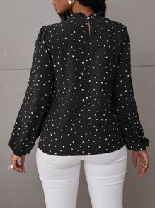 SHEIN LUNE Blouse à manches bouffantes avec imprimé cœur de confettis, col volant. Hauts à manches longues - Noir - Voir 2