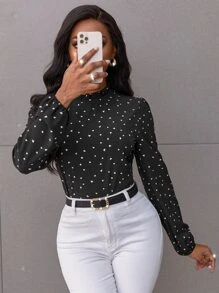 SHEIN LUNE Blouse à manches bouffantes avec imprimé cœur de confettis, col volant. Hauts à manches longues - Noir - Voir 3