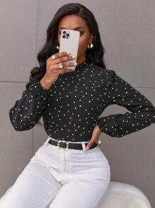 SHEIN LUNE Blouse à manches bouffantes avec imprimé cœur de confettis, col volant. Hauts à manches longues - Noir - Voir 4