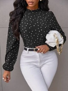 SHEIN LUNE Blouse à manches bouffantes avec imprimé cœur de confettis, col volant. Hauts à manches longues - Noir - Voir 6