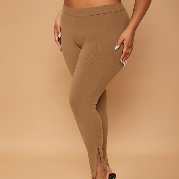 

Plus High Waist Zip Hem Leggings, Khaki