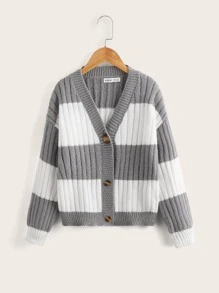 SHEIN Girls Drop Shoulder Two Tone Rib-knit Cardigan - Multicolor - View 1