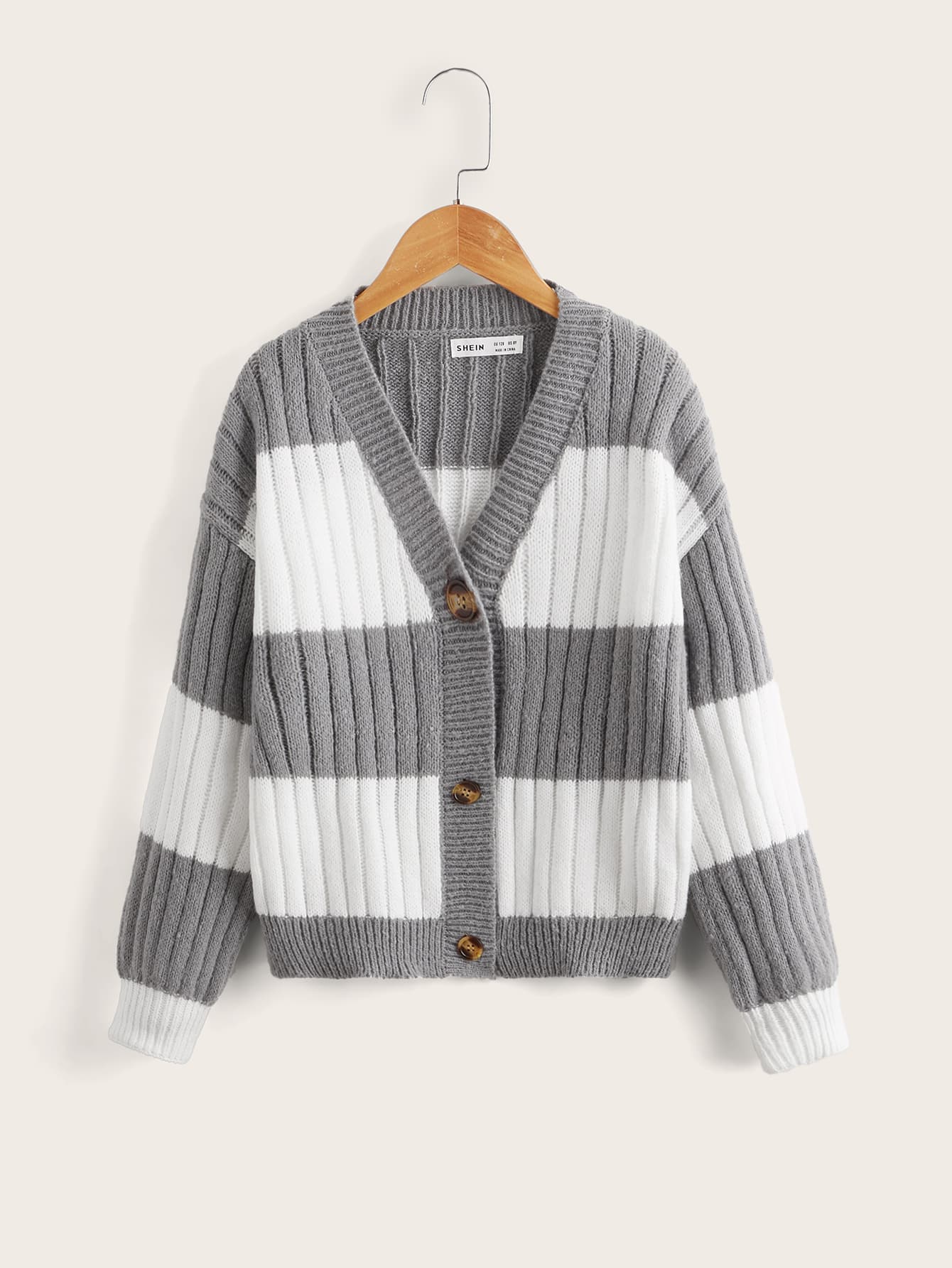 SHEIN Girls Drop Shoulder Two Tone Rib-knit Cardigan - Multicolor - View 1